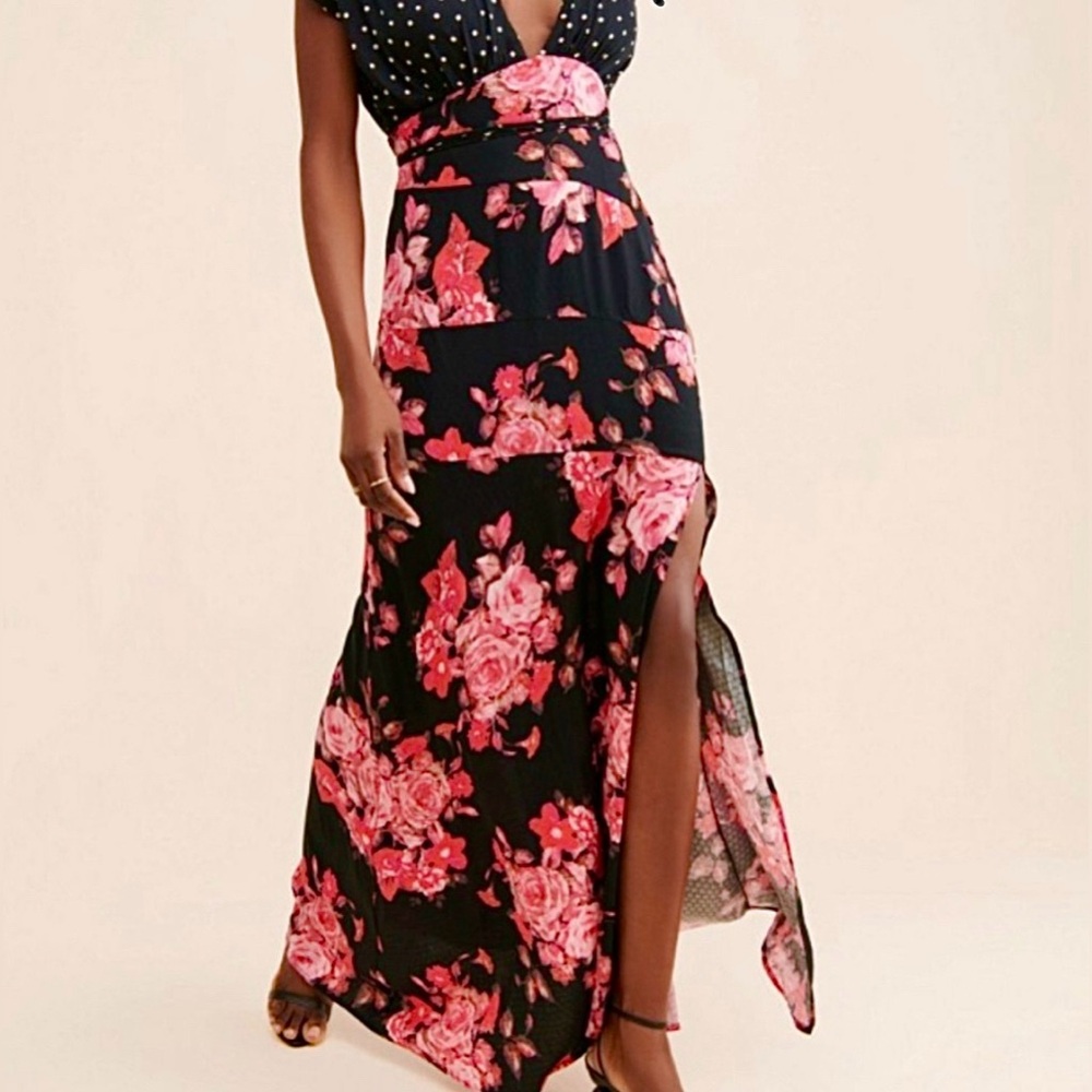 Free People Black Polka Dot and Pink Floral Maxi Dress. Juniper Maxi Dress.
